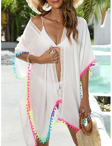 Cover Up Swimsuit Dress Fringe Hem Vacation Beach Wear Color V Neck Short Sleeves Bathing Suits