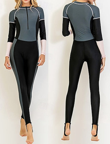 Full Body Rash Guard Dive Wetsuit One Piece Swimsuit Color-blocking With Built in Bra Uv Protection Long Sleeve Diving Suit Surfing Canoeing Snorkeling Winter
