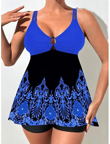 Tankini 2 Piece Swimsuit Shorts Tummy Control High Waist Slim Backless Vacation Beach Wear Ombre Color Block V Neck Sleeveless Bathing Suits