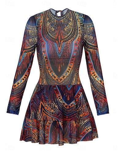 One Piece Swimsuit With Skirt Dress Tummy Control High Waist Slim Backless Vacation Beach Wear Graphic Geometic Round Neck Sleeveless Long Sleeve Bathing Suits
