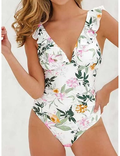 One Piece Swimsuit Ruched Palm Monokini Ruffle Tummy Control High Waist Slim Backless Vacation Beach Wear V Neck Sleeveless Bathing Suits