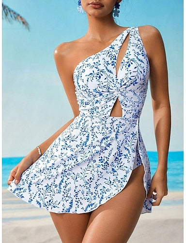 Swimwear One Piece Monokini Swim Dress Swimsuit Tummy Control High Waist Slim Backless Vacation Asymmetric Neck Sleeveless Bathing Suits