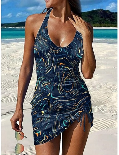 Swimwear Tankini Skirt Swimsuit Halter Vacation Graphic V Neck Sleeveless Bathing Suits