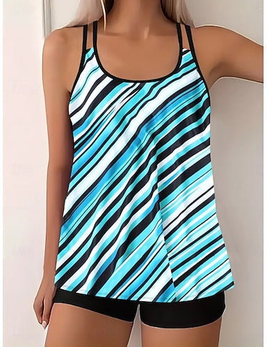 Tankini 2 Piece Swimsuit Boy Leg Tummy Control High Waist Slim Backless Vacation Beach Wear Geometric Striped Halter Neck Sleeveless Bathing Suits