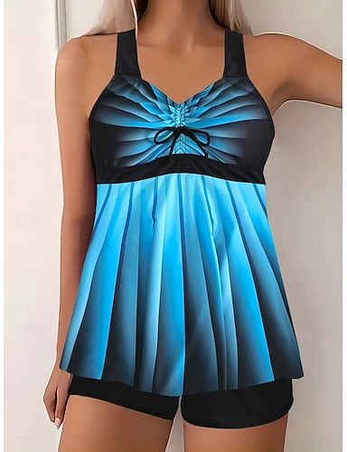 Tankini 2 Piece Swimsuit High Waist Tummy Control High Waist Slim Backless Vacation Beach Wear Ombre Stripe V Neck Sleeveless Bathing Suits