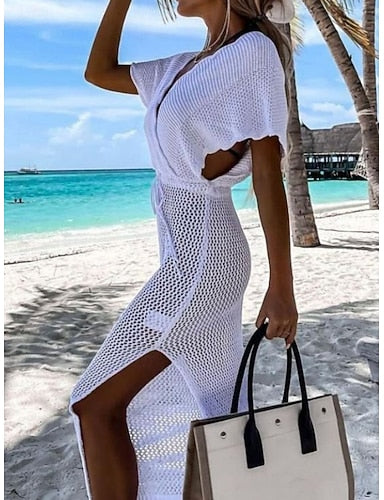 Cover Up Swimsuit Dress Cut Out Knit Vacation Beach Wear Color V Neck Short Sleeves Bathing Suits