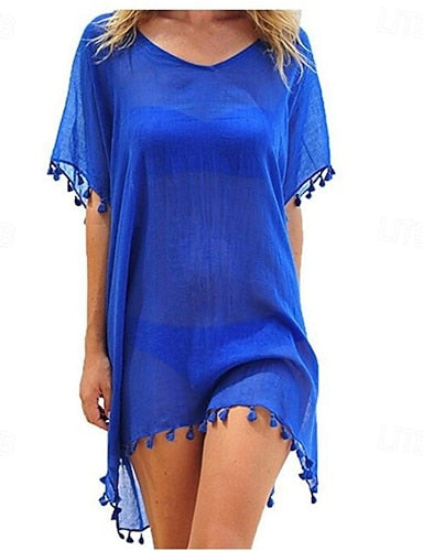 Swimwear Cover Up Beach Dresses Swimsuit Vacation Color Short Sleeves