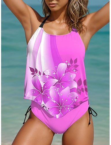 Tankini 2 Piece Swimsuit Cheeky Backless Vacation Beach Wear Ombre U Neck Sleeveless Bathing Suits
