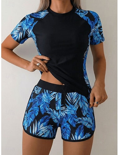 Swimwear Tankini 2 Piece Shorts Swimsuit Tummy Control High Waist Slim Backless Vacation Beach Wear Graphic High Neck Short Sleeves Bathing Suits