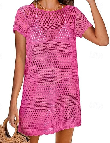 Swimwear Cover Up Swimsuit Cut Out Crochet Vacation Beach Wear Plain Round Neck Short Sleeves Bathing Suits