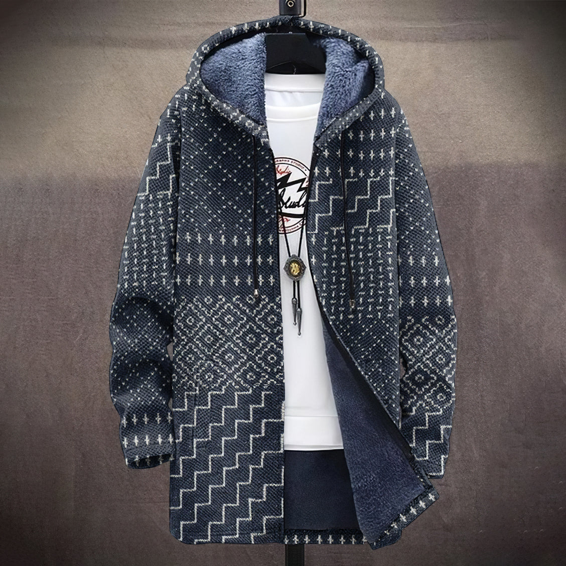 Men's Vintage Tribal Knitted Art Cozy Plush Hooded Coat artswardrobe