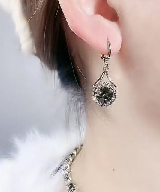 Grey Metal Zircon Round Drop Earrings