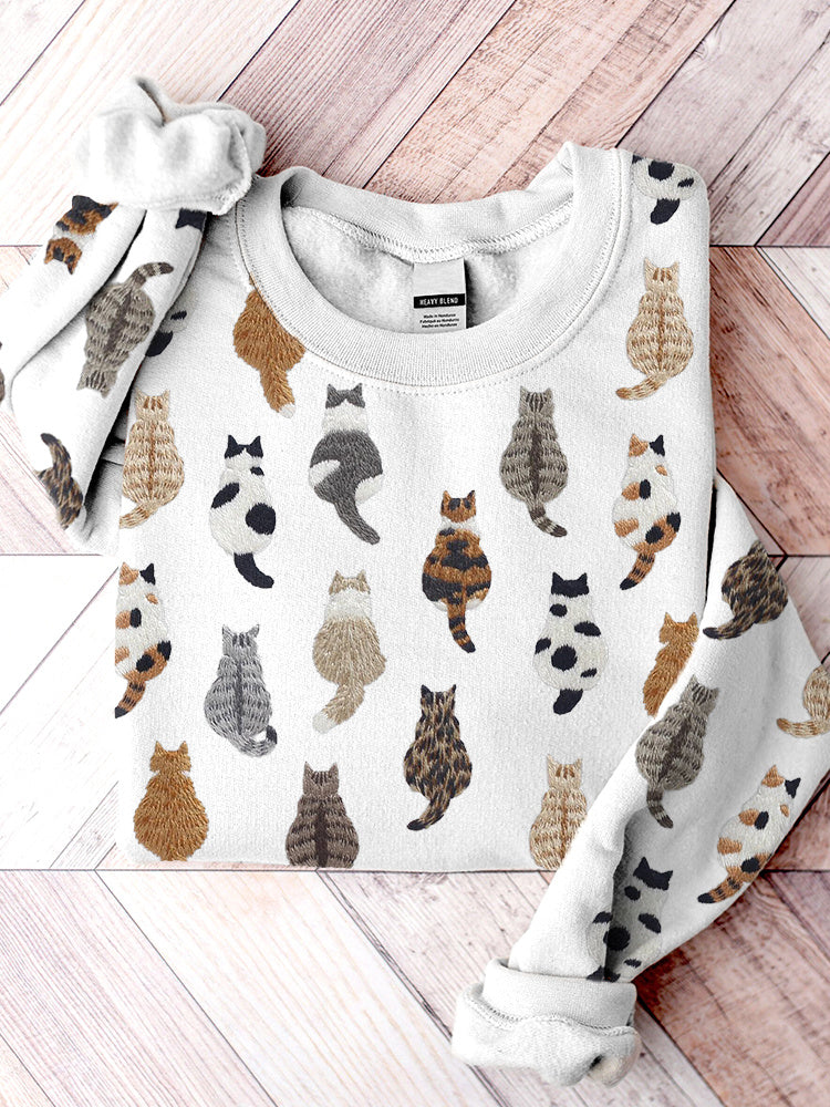 Cute Cats Embroidery Pattern Casual Cozy Sweatshirt elevenforest