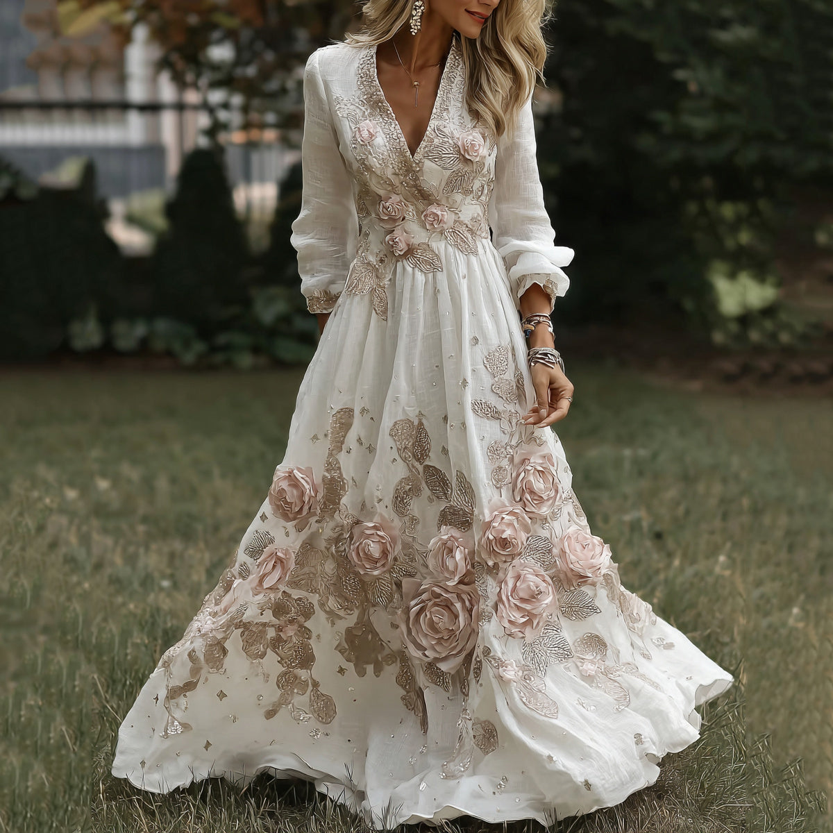 Women's Retro Pink Rose Embroidered Art V-neck Long Sleeve Midi Dress elevenforest