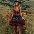 Women's  Retro American Western Country Style Floral Embroidered Art Casual Linen Mini Dress artswardrobe