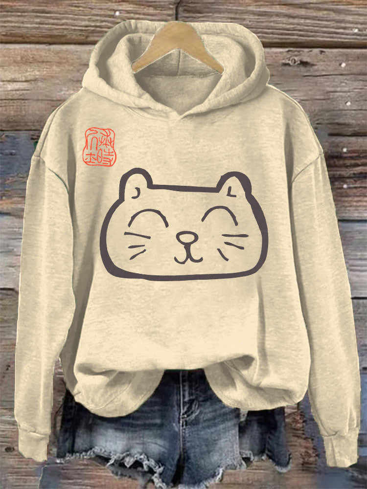 Japanese Art Cat Print Vintage Hoodie elevenforest
