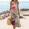 Women's Vintage Floral Print Linen Blend Tank Midi Dress artswardrobe