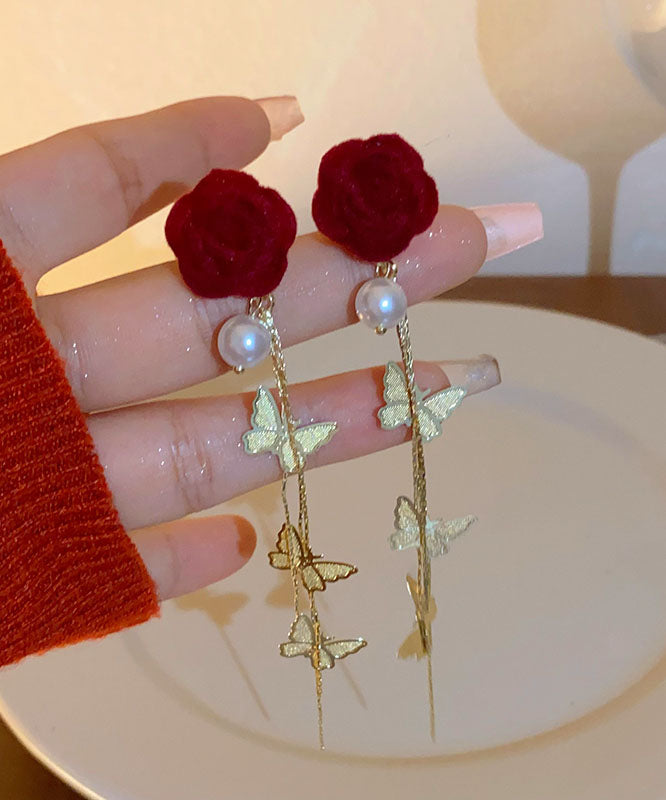 New Red Copper Overgild Pearl Velvet Butterfly Tassel Drop Earrings