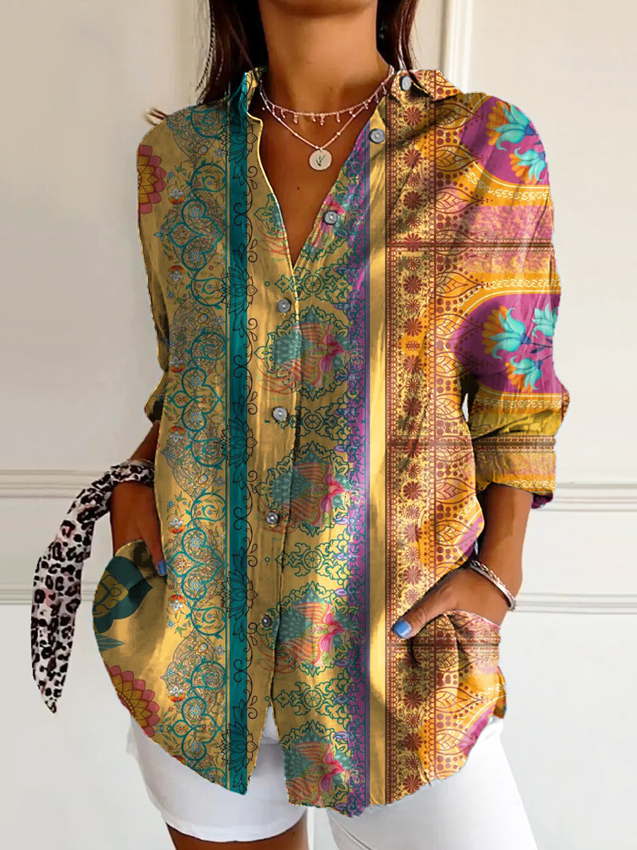 Women's Vintage Ethnic Floral Art Print Casual Cotton Shirt
