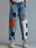 Japanese Art Style Lady Retro Cat Print Denim Jeans elevenforest