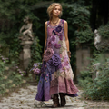 Classy Gradient Purple Lavender And Floral Embroidered Linen Maxi Dress artswardrobe