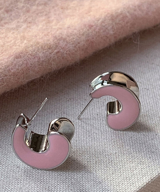 Pink Sterling Silver C-shaped Drip Glaze Hoop Earrings