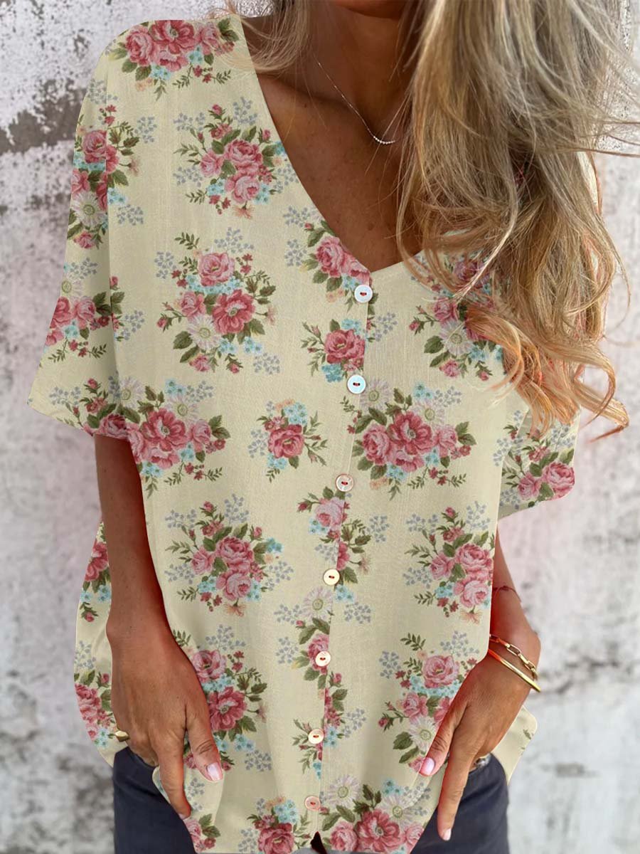 Women's Elegant Retro Floral Pattern Round Shirt Style Cotton and Linen Top