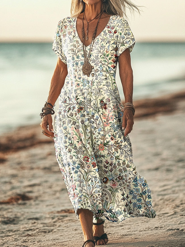 Women's Vintage Floral Art Print Pocket Cotton Dress