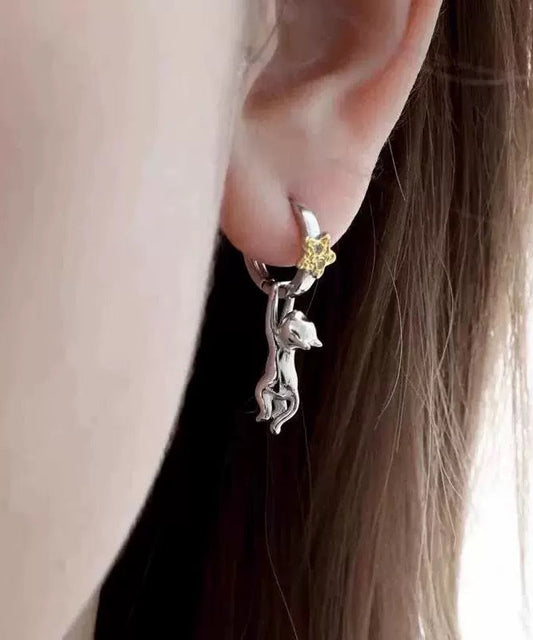 Boutique Silk Sterling Silver Zircon the Cat Picking Stars Drop Earrings