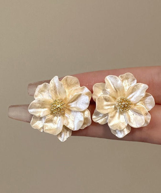 Stylish Beige Copper Alloy Acrylic Camellia Flower Stud Earrings