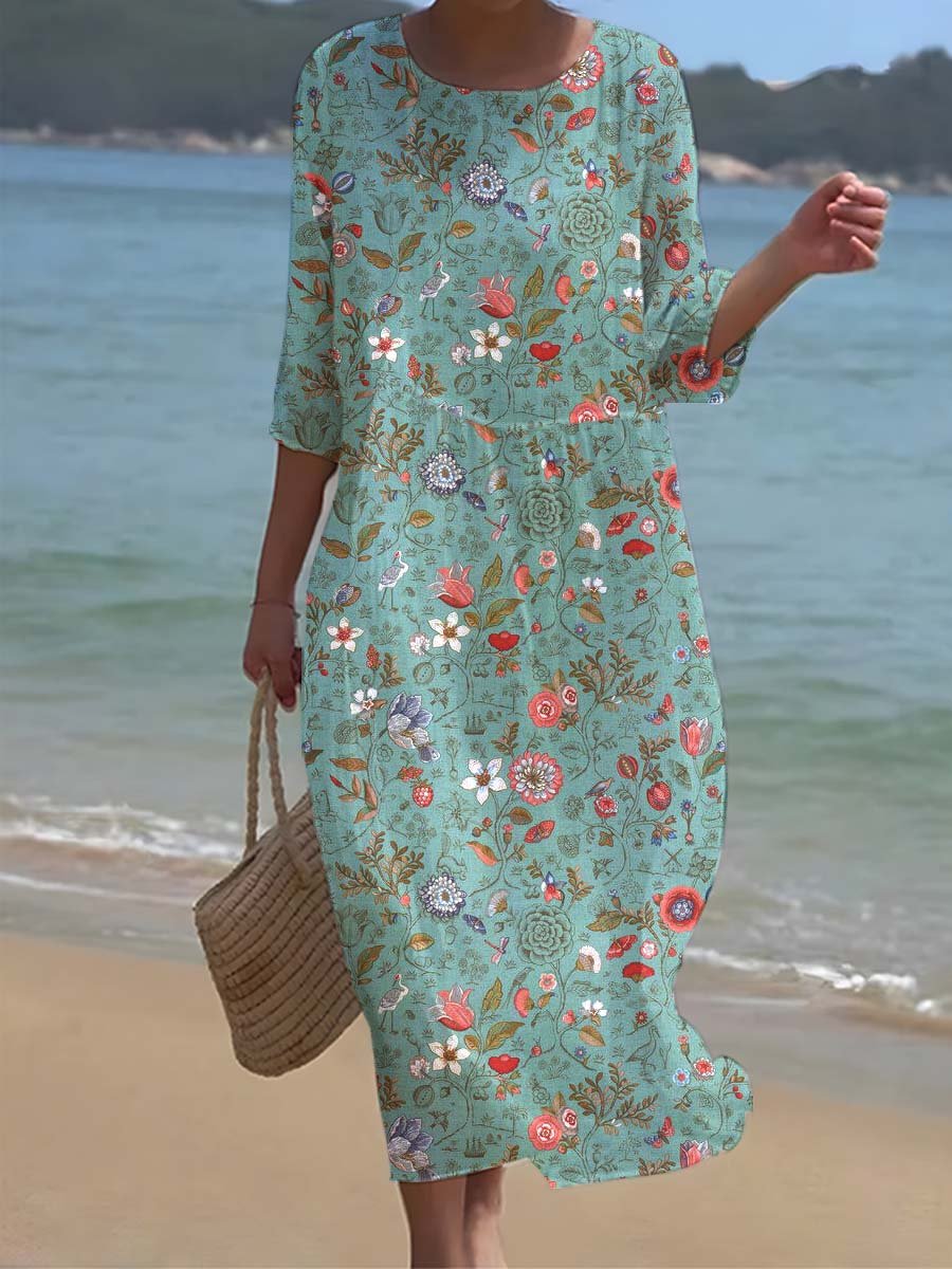 Women's Beach Resort Style Poppy Floral Print Pattern Flowing Dress