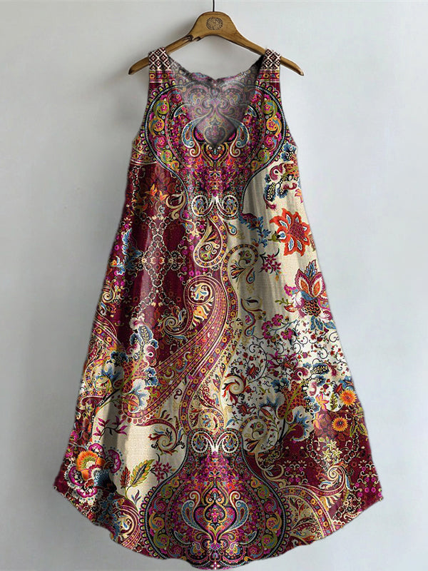 Women's Vintage Ethnic Floral Art Print V-neck Pocket Cotton Dress
