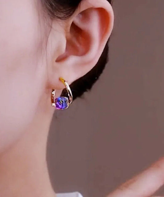 Blue Alloy Zircon Crystal Drip Glaze Hoop Earrings