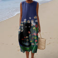 Women's Black Cat In Floral Painting Print Midi Tank Dress elevenforest