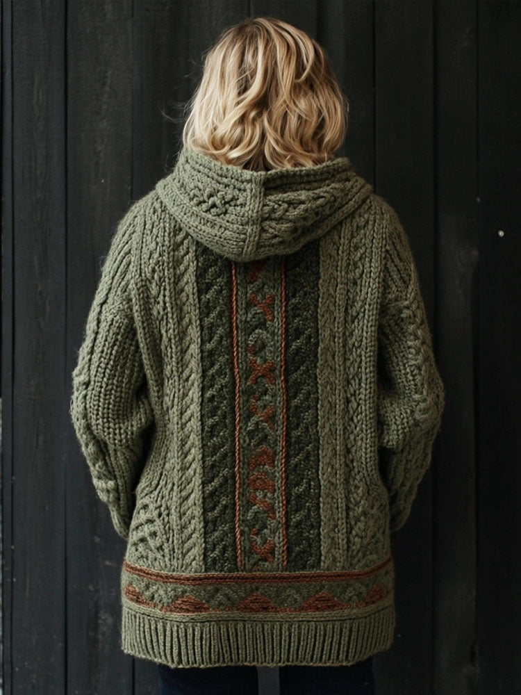 Vintage Irish Celtic Jacquard Cozy Chunky Hooded Cardigan artswardrobe