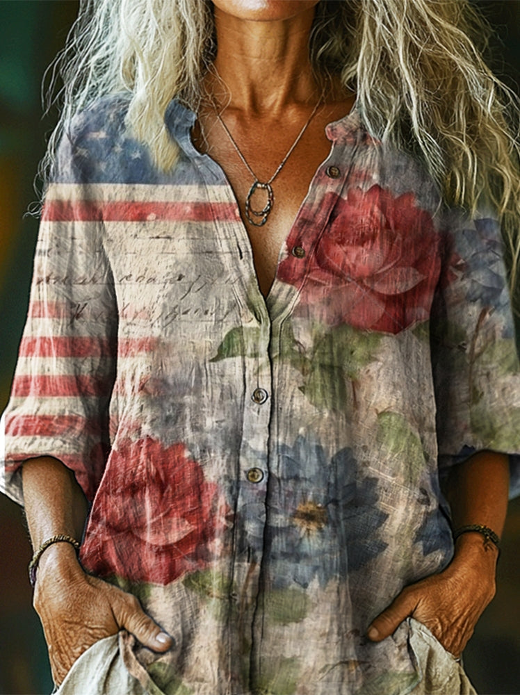 Women's Vintage Flag Floral Art Print Casual Cotton Linen Shirt