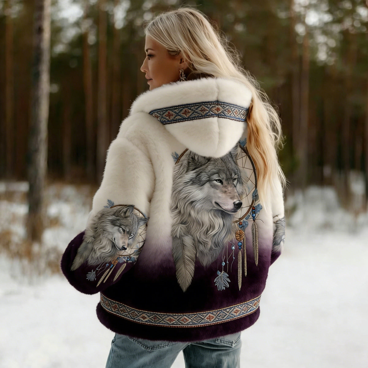 Comstylish Women's Vintage Wolf Art Knit Cozy Flannel Hoodie