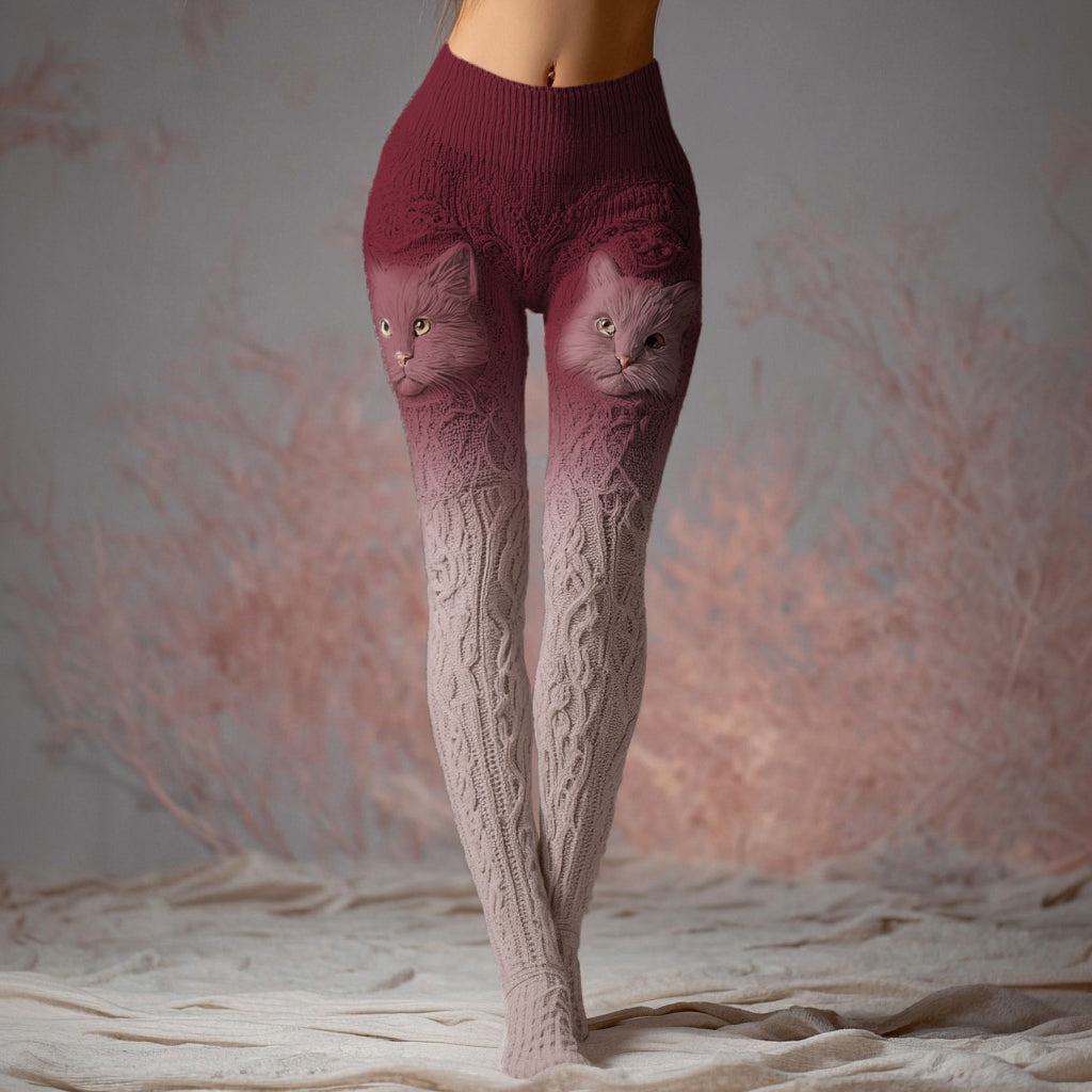 Fuzzy Cat Embroidered Gradient Comfy Leggings elevenforest