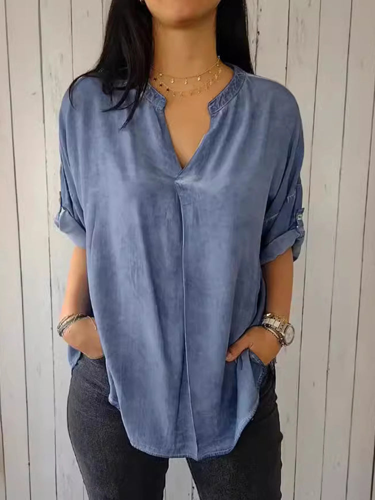 Comstylish V Neck Linen Blend Loose Fit Casual Shirt