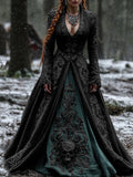 Women's Vintage Viking Skull Embroidery V Neck Casual Maxi Dress artswardrobe