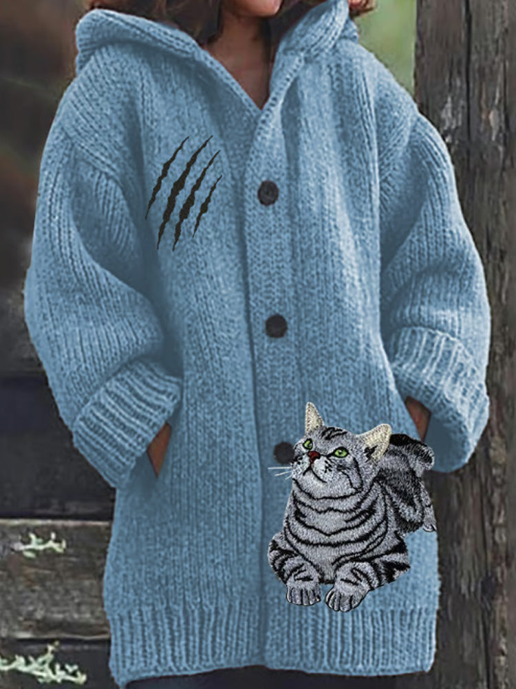 Comstylish Women's Retro Funny Animal Cat Print Cozy Knitted Hoodie Jacket