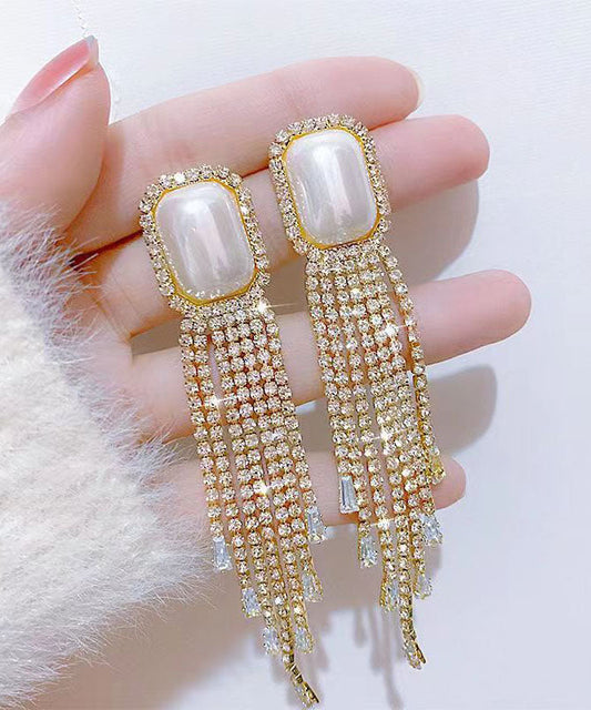 Gold Sterling Silver Alloy Zircon Pearl Tassel Drop Earrings
