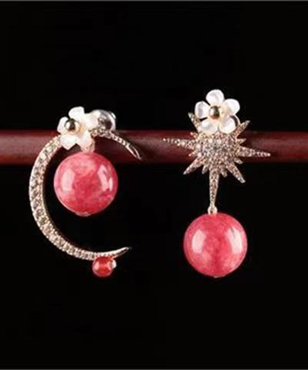 Art Pink Sterling Silver Zircon Gem Stone Shell Drop Earrings
