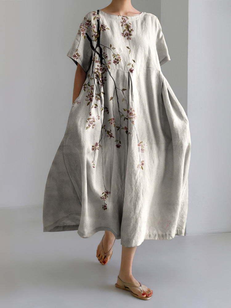 Japanese Art Flower Print Loose Midi Dress