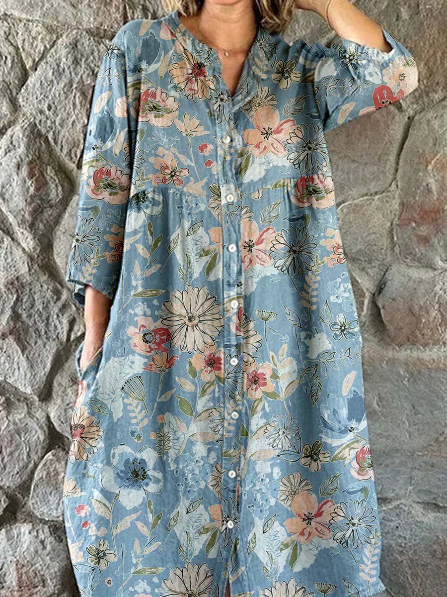 Women's Elegant Floral Pattern Shirt Style Cotton and Linen Dress