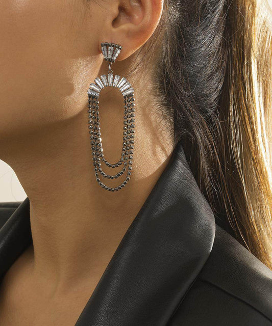 Black Alloy Zircon Sector Chain Drop Earrings