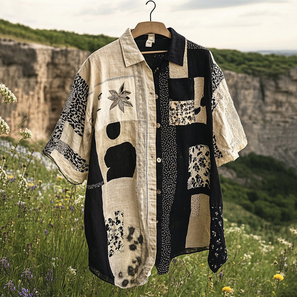 Men's Retro Patchwork Contrast Color Linen Shirt artswardrobe