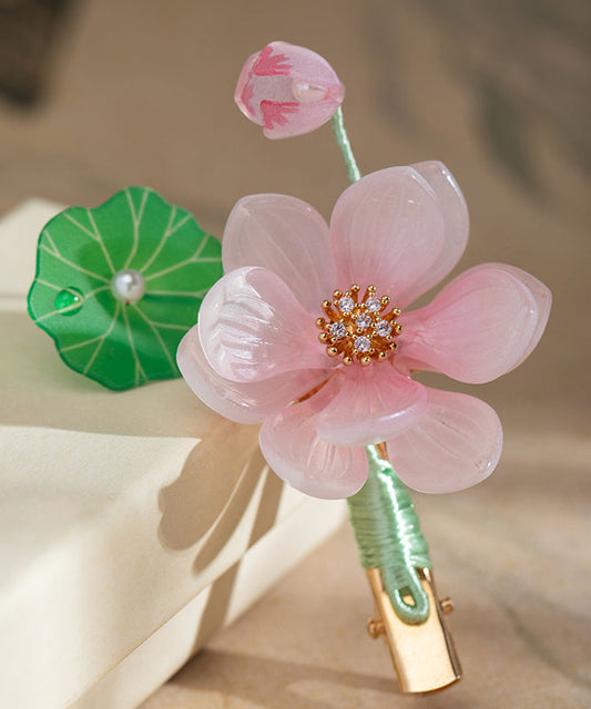 Pink Alloy Chiffon Colored Glaze Pearl Lotus Tassel Hairpin