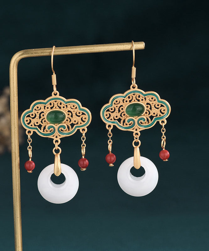 White Alloy Inlaid Gem Stone Jade Cloisonne Enamel Tassel Ping Buckle Drop Earrings