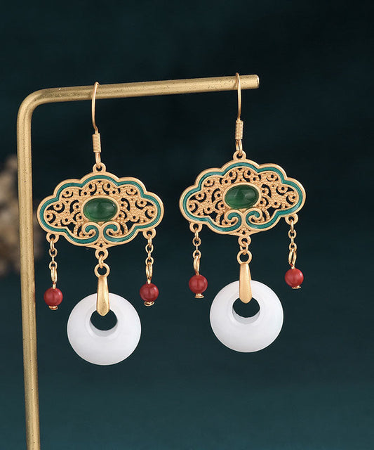 White Alloy Inlaid Gem Stone Jade Cloisonne Enamel Tassel Ping Buckle Drop Earrings